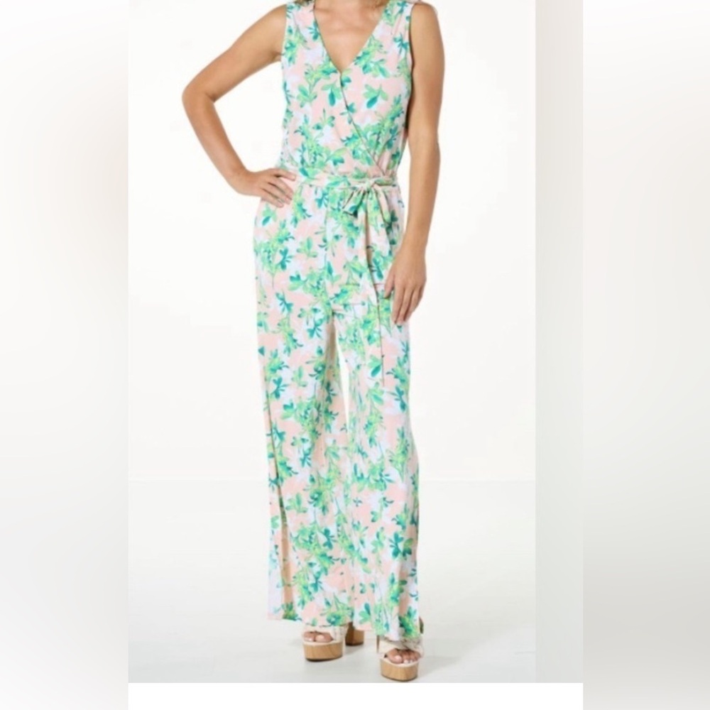 C Wonder jumpsuit Women’s Large Wide Leg‎ floral green peach summer vacation NWT
